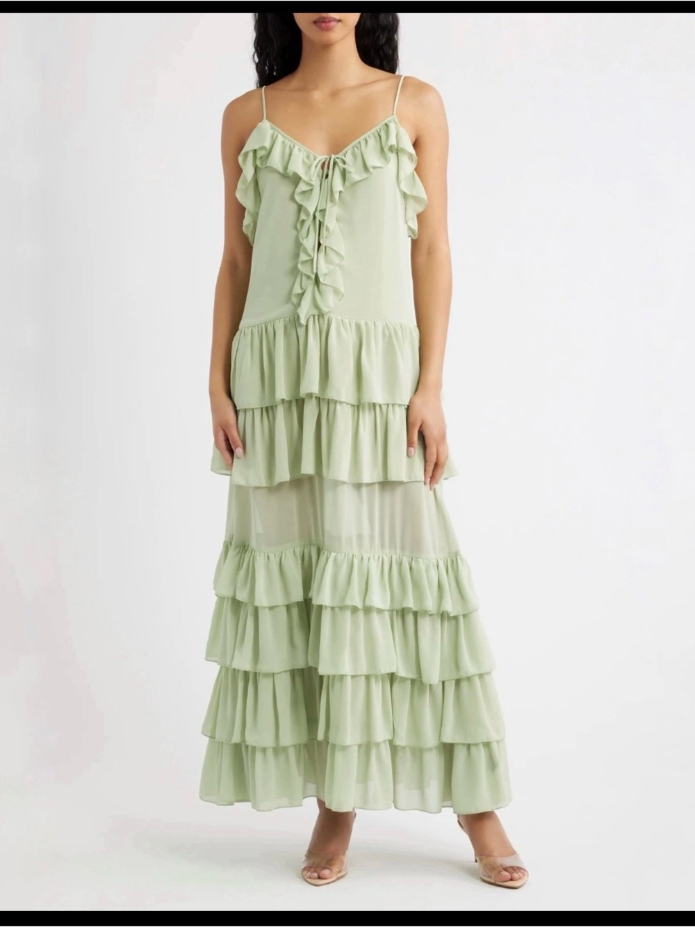 NWT Torn by Ronny Kobo Sage Green Ruffle Tiered Maxi Dress Spaghetti Straps